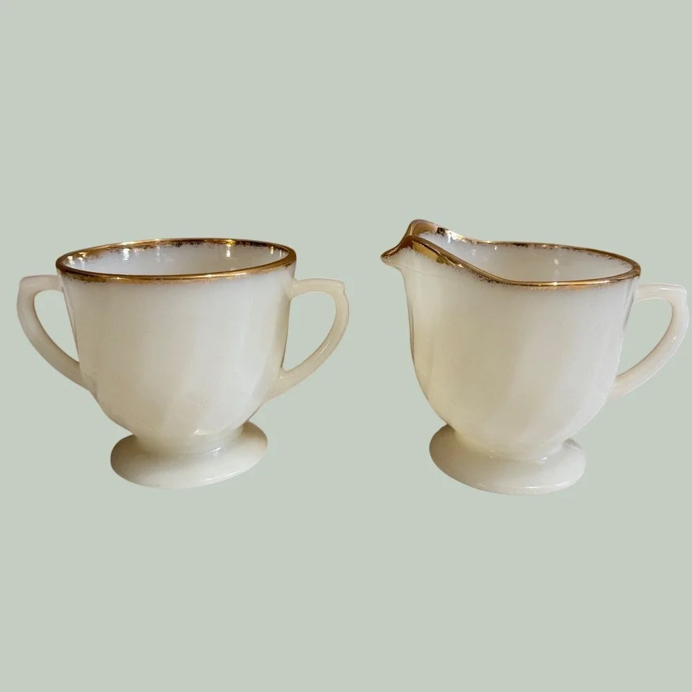 Fire-King Milk Glass Swirl Creamer & Sugar Bowl Set Gold Rim Vintage Mid Century